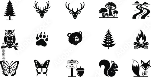 A set of black and white vector icons depicting forest wildlife and nature symbols