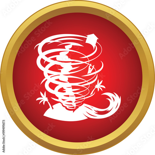 Swirling tornado destroying palm trees and a flying house on a red background