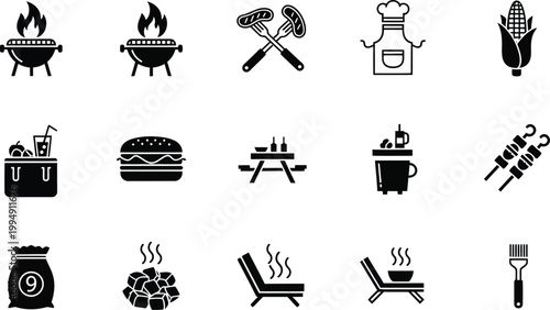 A set of black and white vector icons depicting various carnival and festival symbols and objects