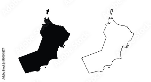 A stark depiction of oman s geographical outline is shown twice once filled and once as a contour