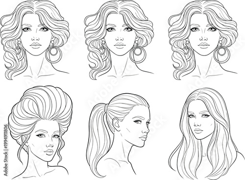 Female Portrait Illustration Set Featuring Women with Curly, Voluminous, and Ponytail Hairstyles in Detailed Line Art Style for Beauty, Fashion, and Salon Design
