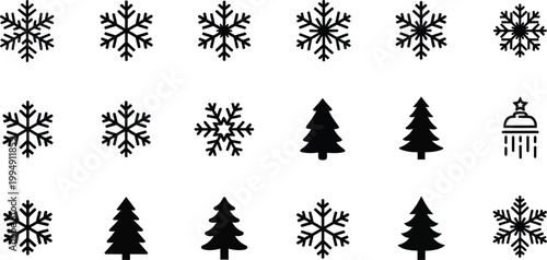 A set of black and white winter icons featuring snowflakes and Christmas trees on a plain background