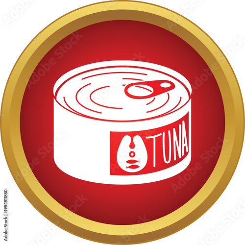 Canned tuna fish packaging icon representing preserved seafood in a red and gold circle