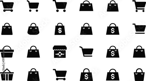 A set of black shopping icons and bags on a white background for e-commerce design