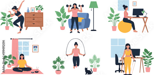 Home wellness and fitness vector set featuring female characters practicing yoga weight training jump rope and active sitting in flat interior style.