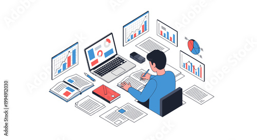 Data Analyst Working with Multiple Charts and Statistics Isometric Illustration, Business Intelligence, Research, and Financial Planning Concept