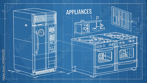 Blueprint style illustration of kitchen appliances including a refrigerator and a double oven range with a vent hood on a blue grid background