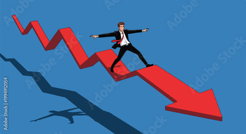 Stressed businessman balancing on falling red arrow, financial crisis and economic recession concept, stock market crash and business failure vector