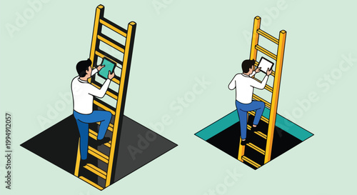 Isometric businessman climbing ladder from dark hole, career growth and corporate success concept, man escaping pit using wooden ladder vector