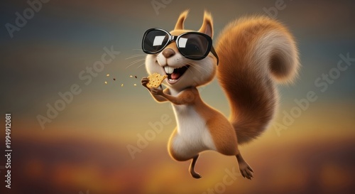 Cartoon squirrel wearing sunglasses eating a doughnut outdoors