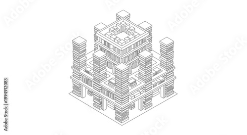 Isometric Abstract Architectural Structure Line Art, Complex Geometric Building Made of Stacked Blocks, Minimalist Wireframe Illustration of a Library or Data Center