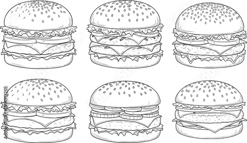 Hand Drawn Burger Illustration Set Featuring Multiple Cheeseburger Variations in Detailed Outline Style for Fast Food Menu, Restaurant, and Packaging Design