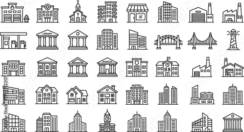 City Buildings and Architecture Line Icon Set Featuring Urban Infrastructure Landmarks Residential Commercial Industrial Structures and Public Facilities Symbols for Maps and Applications