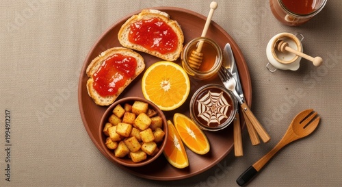 Assorted healthy snacks on wooden cutting board with honey and fruit