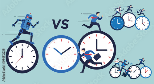 Artificial intelligence versus human productivity concept, robot and businessmen running on clock gears, time management and automation efficiency vector