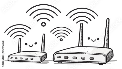 Cute cartoon wifi routers with smiling faces, handdrawn illustration of wireless internet networking devices with signal icons