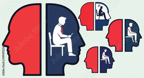 Mental health concept vector illustration, human head profiles with split personality silhouettes, psychological therapy and depression symbols