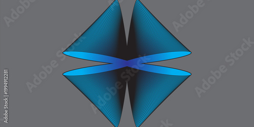Abstract blue geometric vector art of overlapping elliptical lines forming a symmetrical diamond-like shape on a grey background. Modern futuristic digital graphic element.