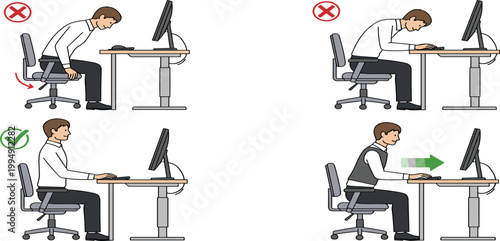 Office ergonomics vector illustration showing correct and incorrect sitting posture at computer desk with monitor for workplace health and safety