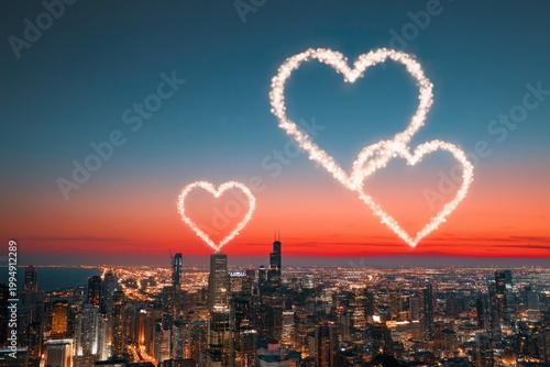 Fireworks Create Heart Shapes Over Chicago Skyline During Evening