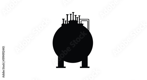 A stark black silhouette depicts an industrial storage tank with pipes valves and supporting structures high quality professional