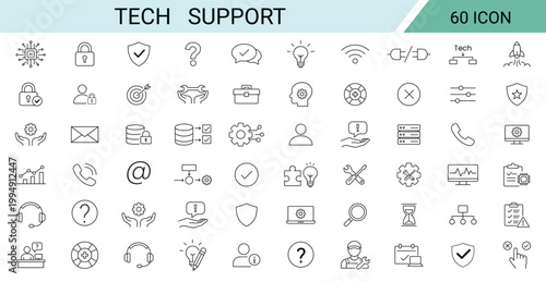 Tech Support Icon Set, IT Customer Service Helpdesk Line Vector Collection