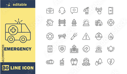 Фотография A collection of thirty line icons related to emergency services and medical care