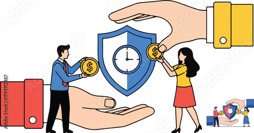 Financial insurance and time protection concept vector, business people holding money coins near shield with clock icon, secure investment and savings