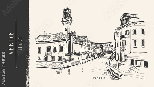 Venice Italy sketch postcard. Murano, Burano island canal street, gondola, boats. Adriatic sea waterfront, Venetian houses, cityscape view. Vintage hand drawn vector illustration, architecture bg