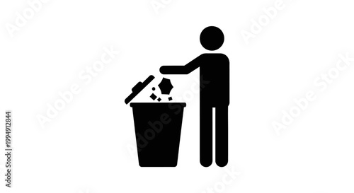 Person discarding waste into a trash receptacle simple black silhouette