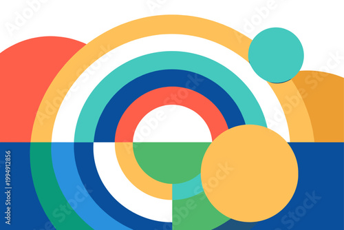Colorful rainbow arch abstract geometric illustration. Modern retro composition with circles and bold shapes. Bright layered arches and circles create a playful balanced design.