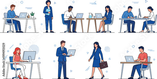 Professional office character vector set featuring male and female workers at desks with laptops and standing in flat corporate business style.