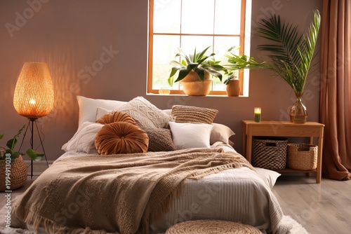 Cozy Bedroom With Natural Elements and Warm Colors in a Modern Space During D...