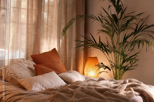 Cozy Bedroom With Warm Lighting and Plants in the Late Afternoon