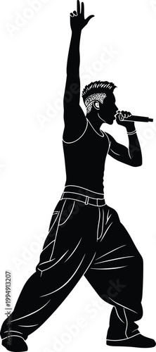 Silhouette illustration of rapper performing on stage, hip hop artist with microphone, dynamic music concert scene, expressive entertainment art design
