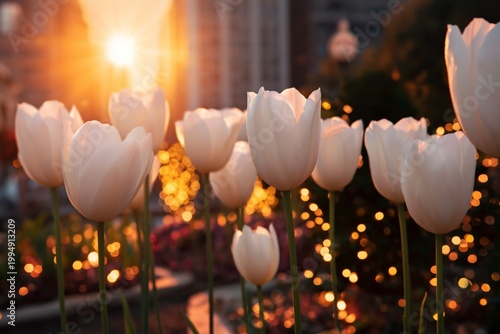 Sunrise Over White Tulips in the City Garden With Warm Light and a Vibrant Ba...