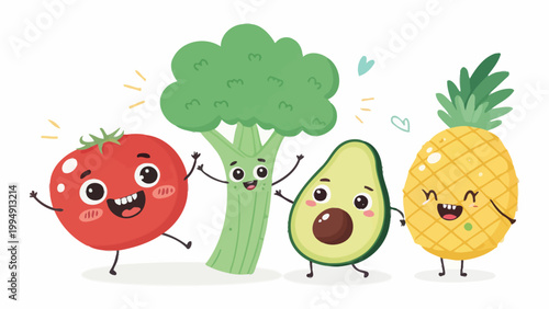 Cute cartoon fruits and vegetables characters, including a tomato, broccoli, avocado, and pineapple, happy and smiling