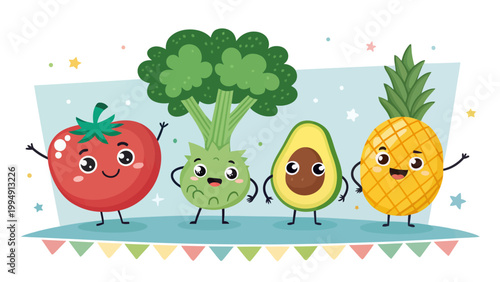 Cute and happy cartoon fruits and vegetables characters tomato, broccoli, avocado, and pineapple standing together on a light blue stage
