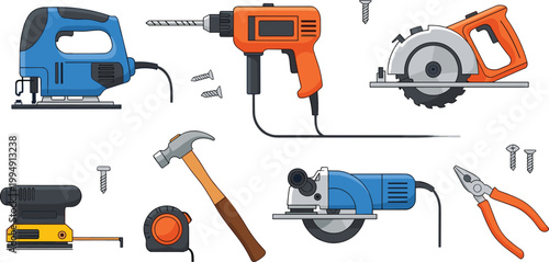 Power tool vector set featuring 15 industrial items including electric drill jigsaw circular saw angle grinder hammer and pliers in flat style