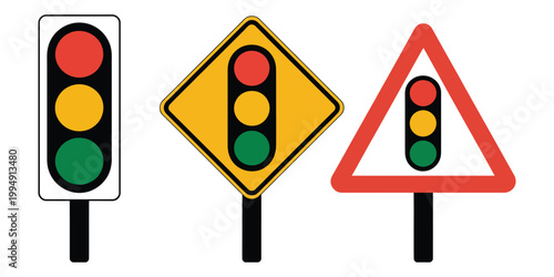 Traffic signal light road sign, red triangle warning traffic lights ahead symbol, road safety traffic light for street regulation isolated graphic.