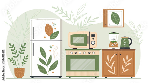 Modern kitchen interior with refrigerator, stove, microwave, blender, kettle, and potted plant in flat vector illustration style