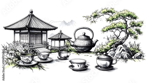Asian tea scene, teahouse, mountains, trees
