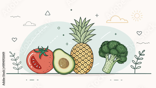 Healthy food illustration with tomato, avocado, pineapple, and broccoli on a light background