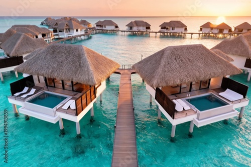 Luxury Villas in Tropical Water During Sunset With Wooden Walkway Connecting ...