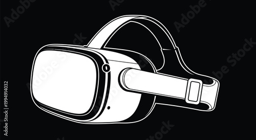 Virtual reality headset rendered in a bold white line art style provides a high contrast aesthetic against a solid black background.