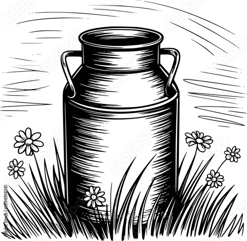 Vintage metal milk can standing in grassy field with daisies, black and white line