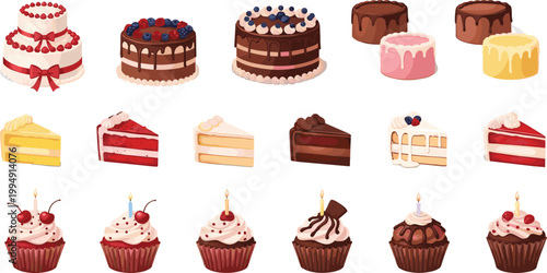 Bakery dessert vector set featuring gourmet whole cakes slices of red velvet chocolate sponge and cupcakes with candles for birthday celebration in flat style
