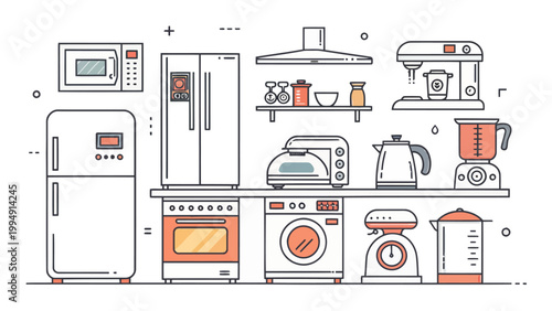 Kitchen appliances icons set modern household equipment for cooking and cleaning vector illustration in flat line style