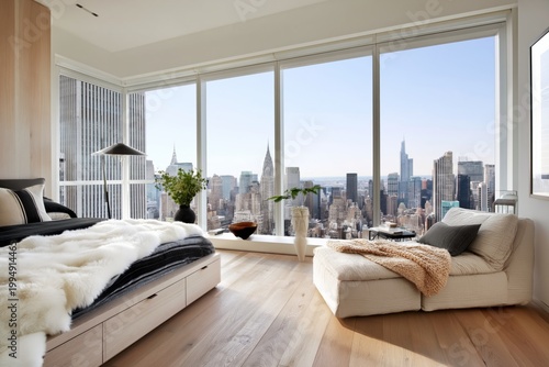 City Skyline View From Modern Bedroom With Large Windows in Daylight