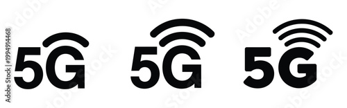 5G wireless technology icons with signal waves on dark background for digital connectivity